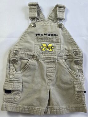 Vintage Y2K Michigan Baby Overalls 6-9M Khaki Cute Unisex